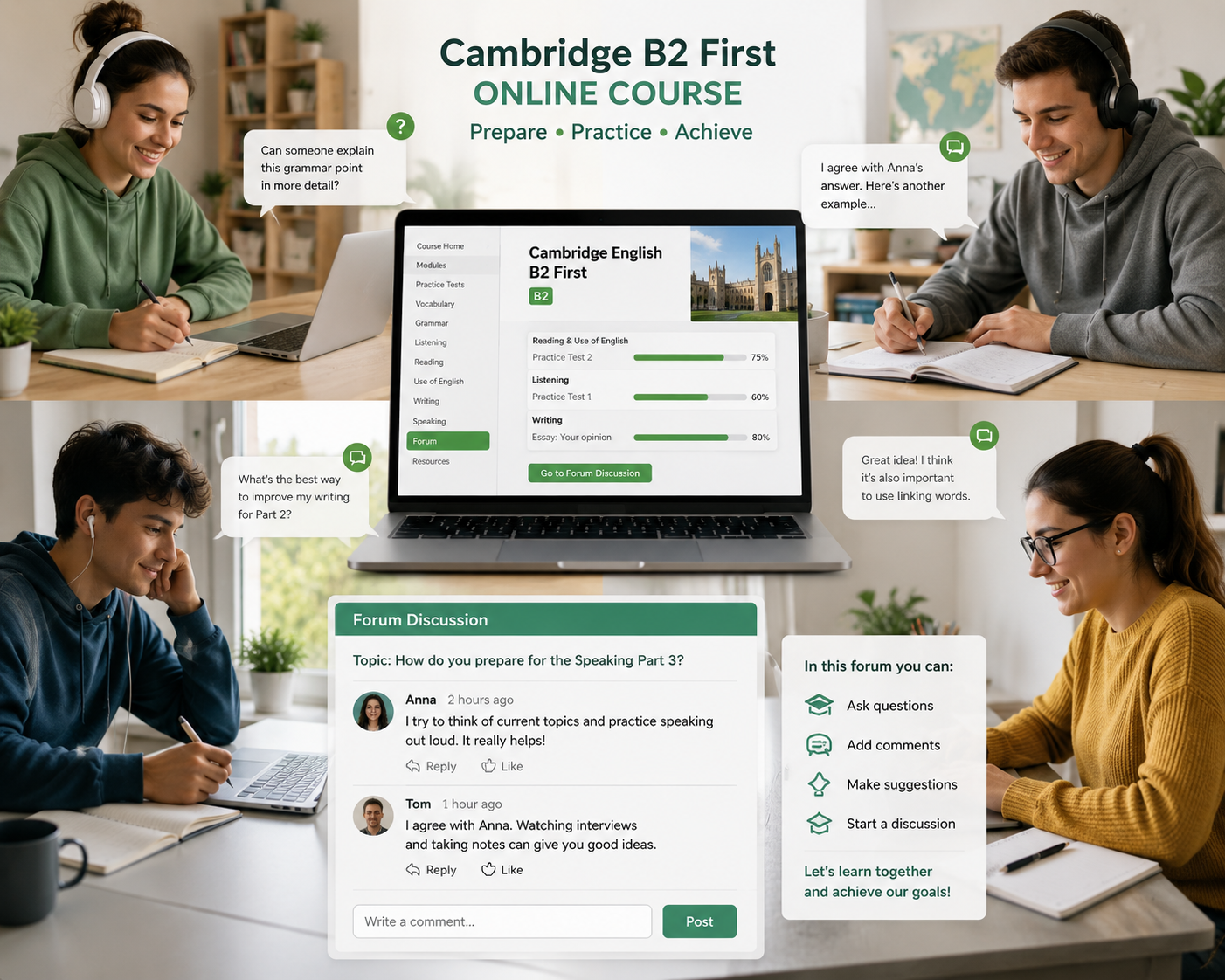 There are four students taking an online course on Cambridge B2 First online course. Everyone is at their home.