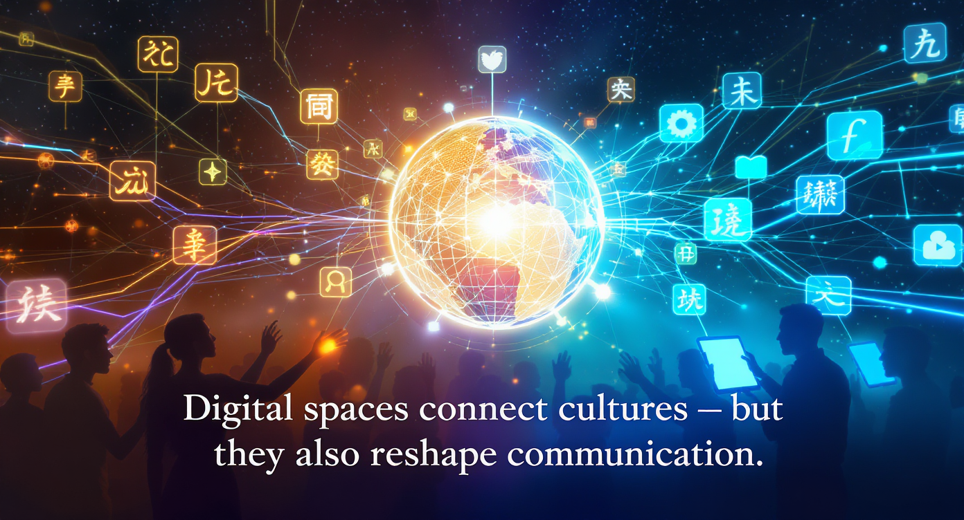 An image illustrating the following slogan: "Digital spaces connect cultures — but they also reshape communication."
