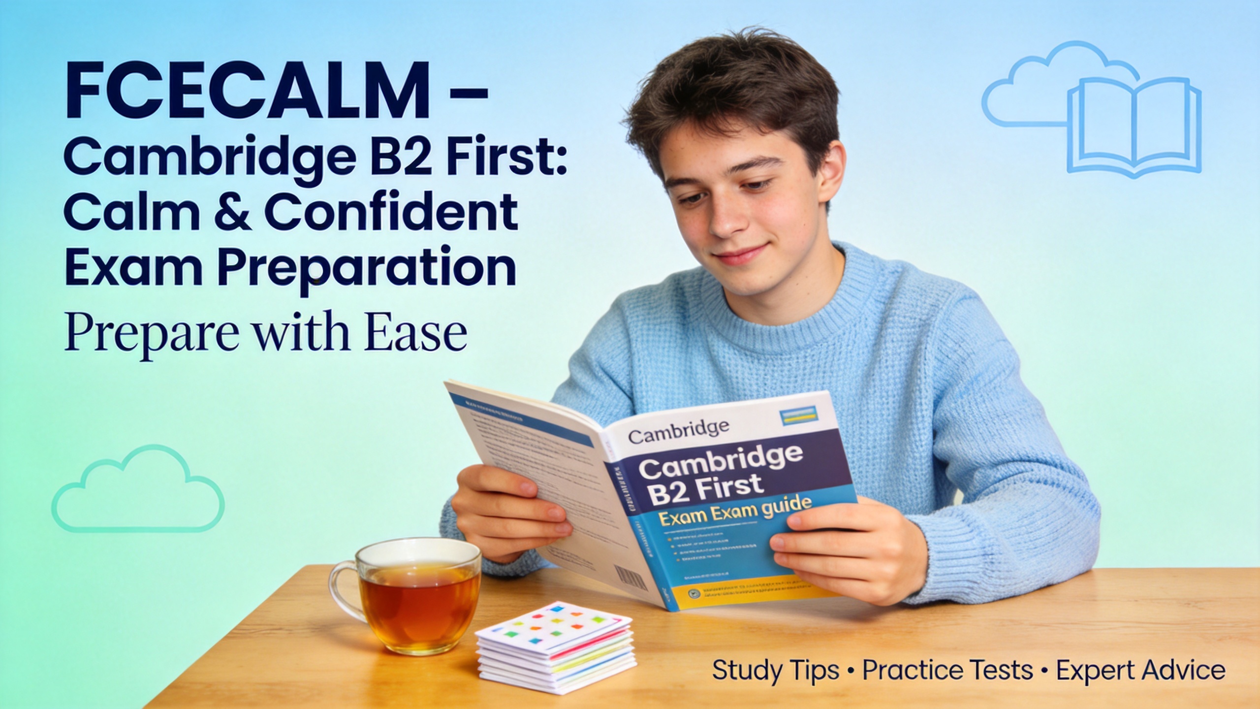 A boy who is reading a boog whose name is Cambridge B2 First. He is wearing a blue jersey and is smiling shile reading peacefully.