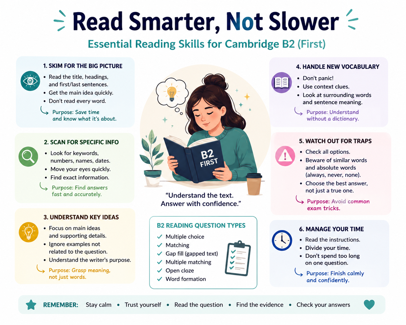 There is a youg woman reading a book whose title is: B2 Firts. She has a bubble thoutgh and inside it there is a bulb simulating and idea. There are also some information divided into different charts.