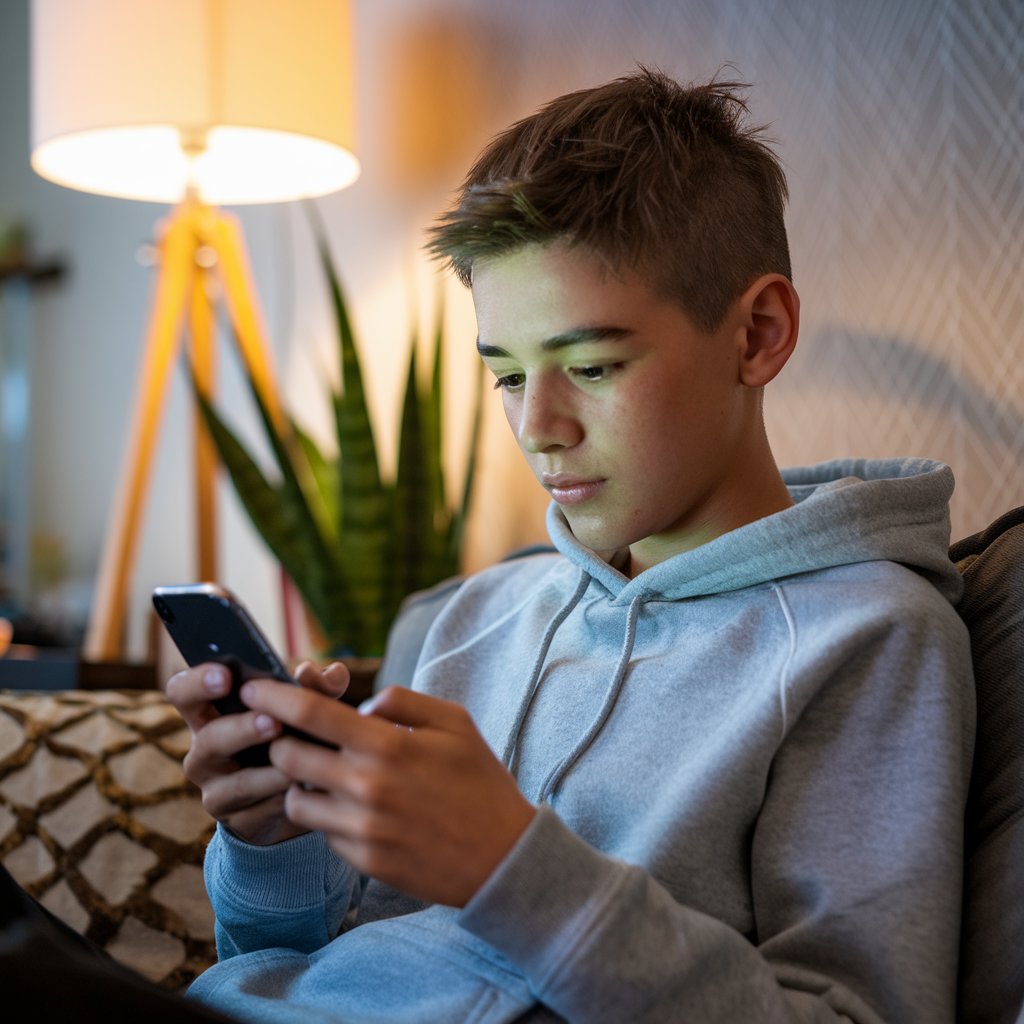 A teen boy using his social media