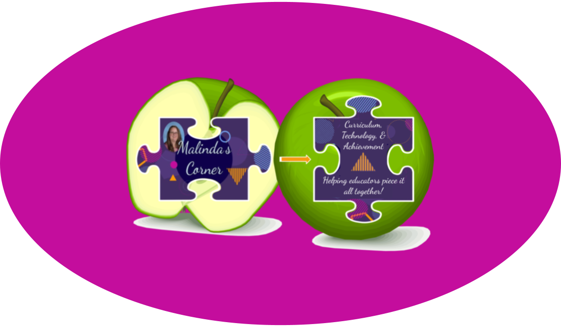 Malinda's Corner helps to piece together Curriculum, Technology, & Student Achievement, shown by two linking puzzle-pieces.