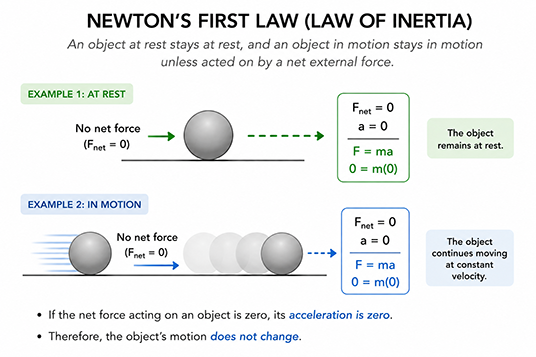 Image showing Newton's first Law with a diagram.