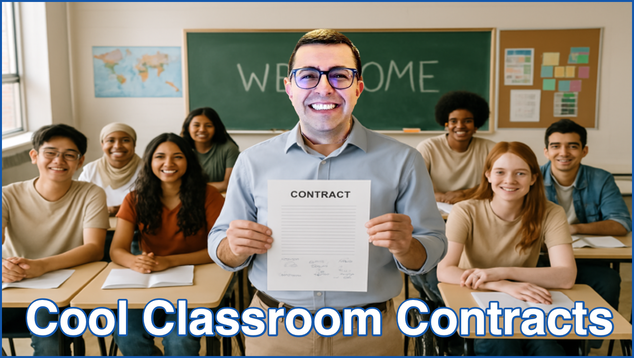 A teenage classroom where the tutor is in front of a group of happy teenagers and is holding a classroom contract in his hands.