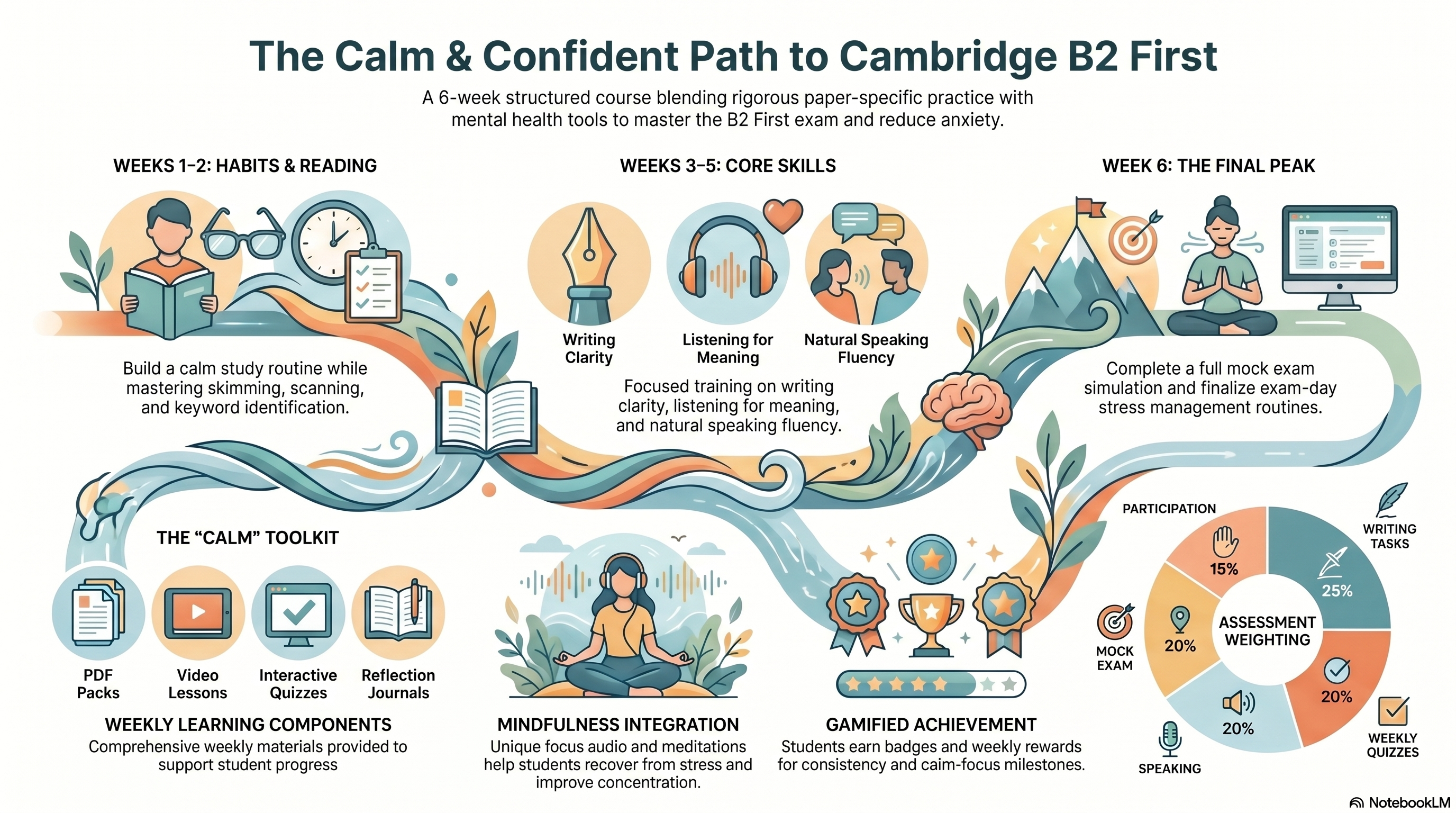 There are 6 images showing a 6-week path to Cambridge B2 First